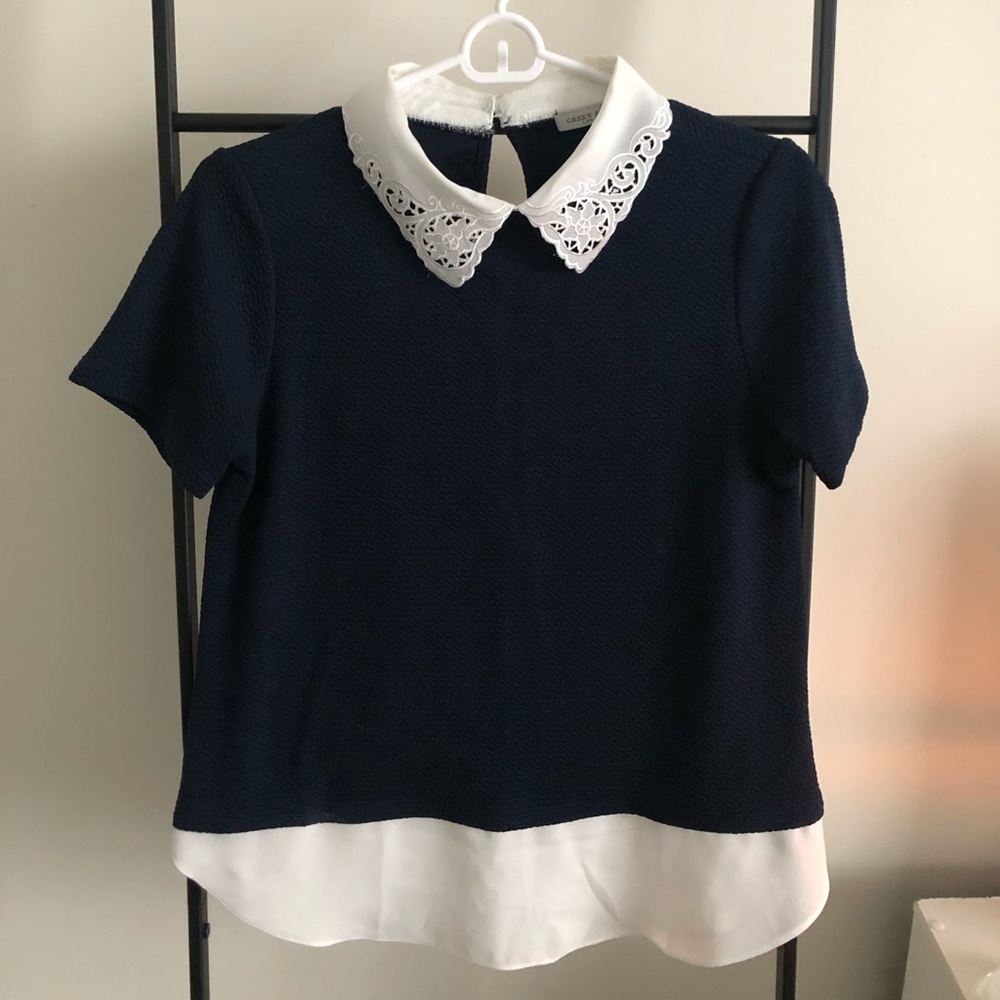 Navy top w collar and fake layering